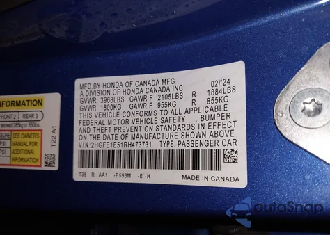 2024 Honda Civic Si Sedan from USA, damaged, VIN 2HGFE1E51RH473731